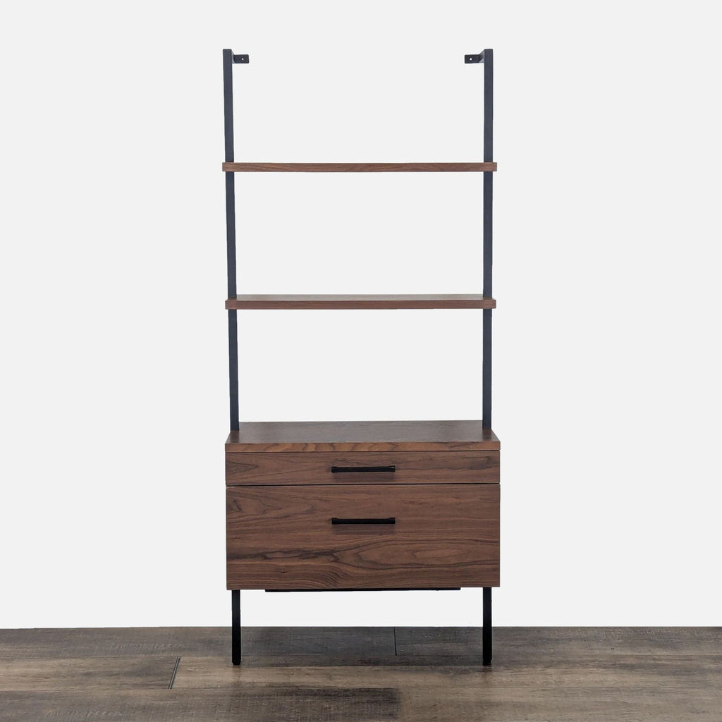 1. Modern CB2 bookshelf with black powder coated frame, walnut veneer shelves, and two drawers on metal glides.