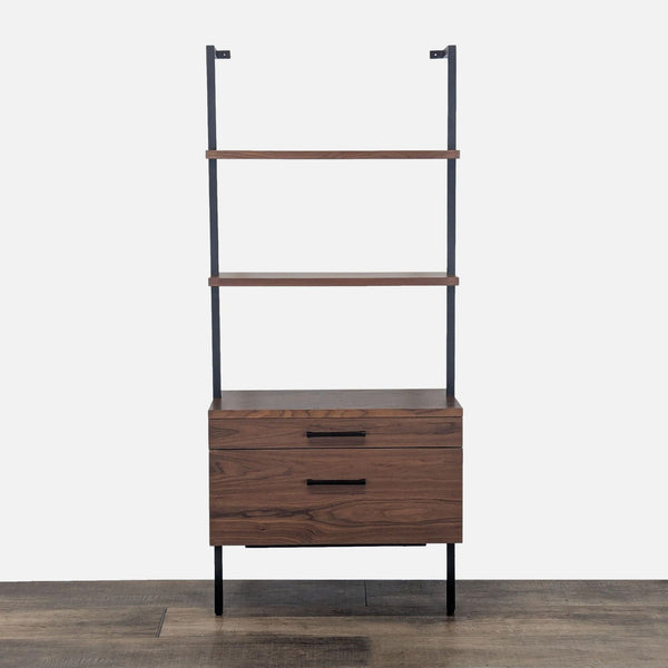 1. Modern CB2 bookshelf with black powder coated frame, walnut veneer shelves, and two drawers on metal glides.