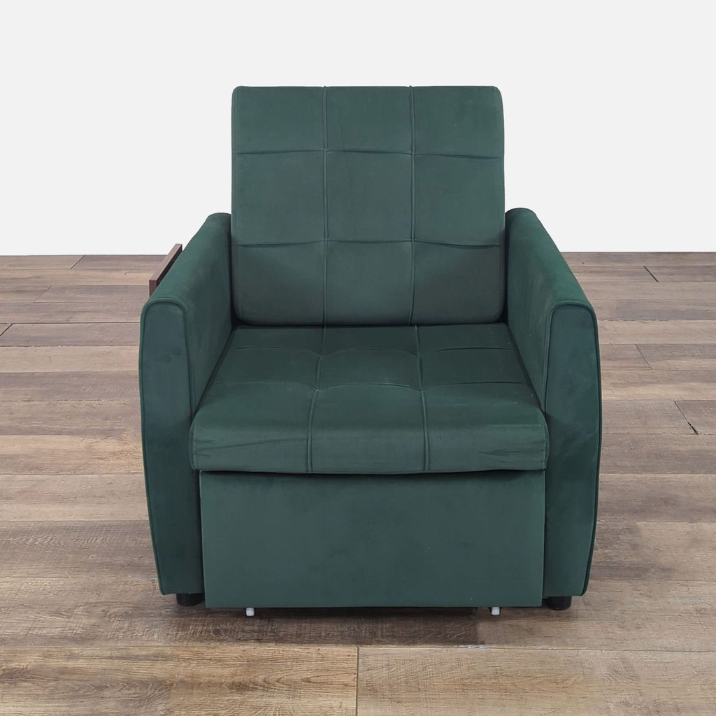 1. Yalissey green sleeper chair with square tufting, shown as a lounge chair on a wood floor.