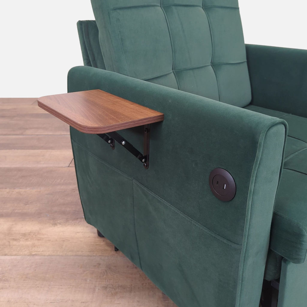3. Detail of Yalissey chair’s armrest highlighting fold-out side table and USB charging ports.
