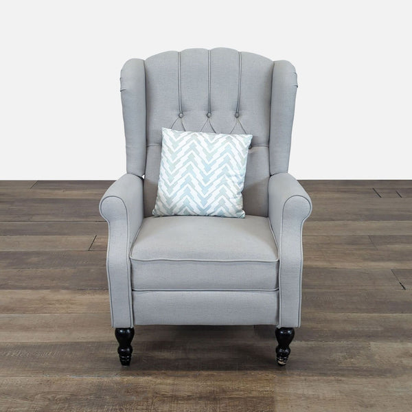 1. Gray lounge chair with button-accented diamond tufting, tonal piping, and nailhead trim, by Willa Arlo Interiors.