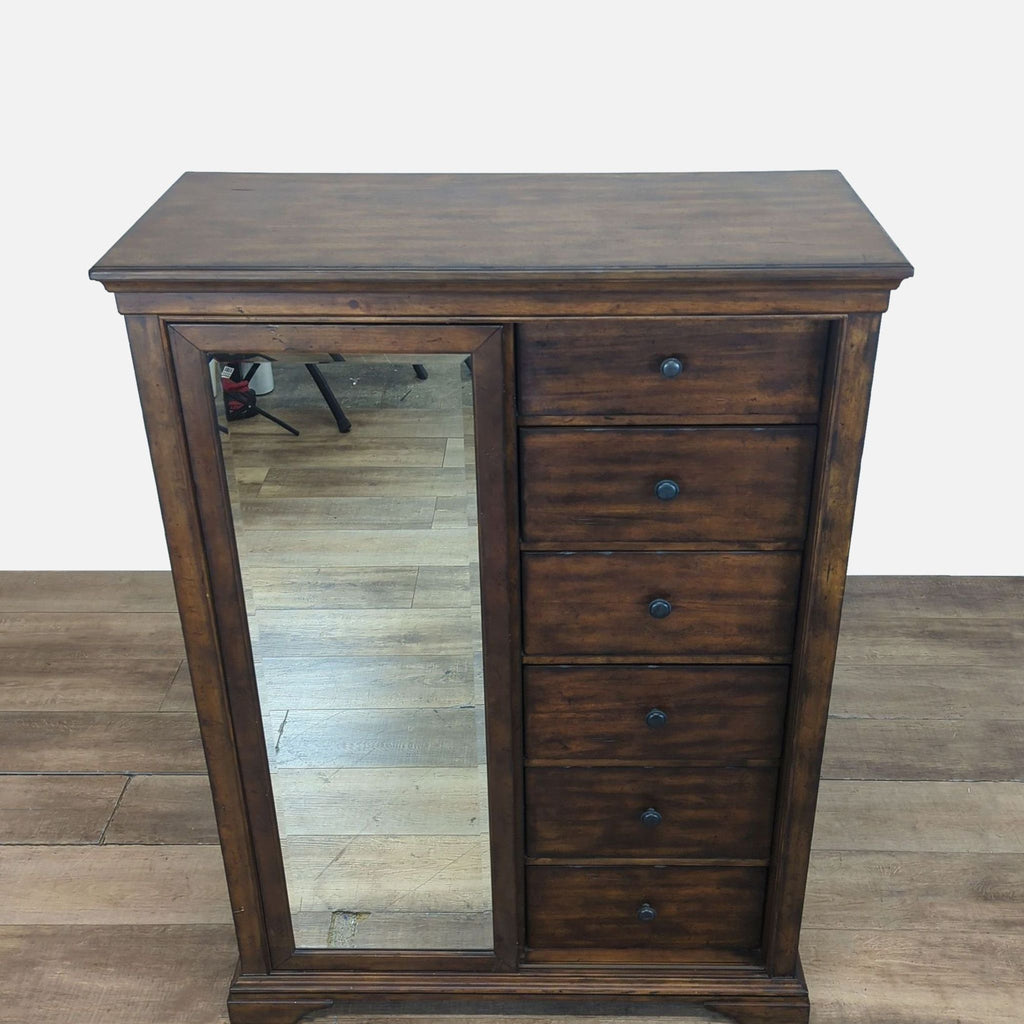 1. Klaussner solid wood dresser with six drawers, sliding full-length mirror, and hidden side shelves.  