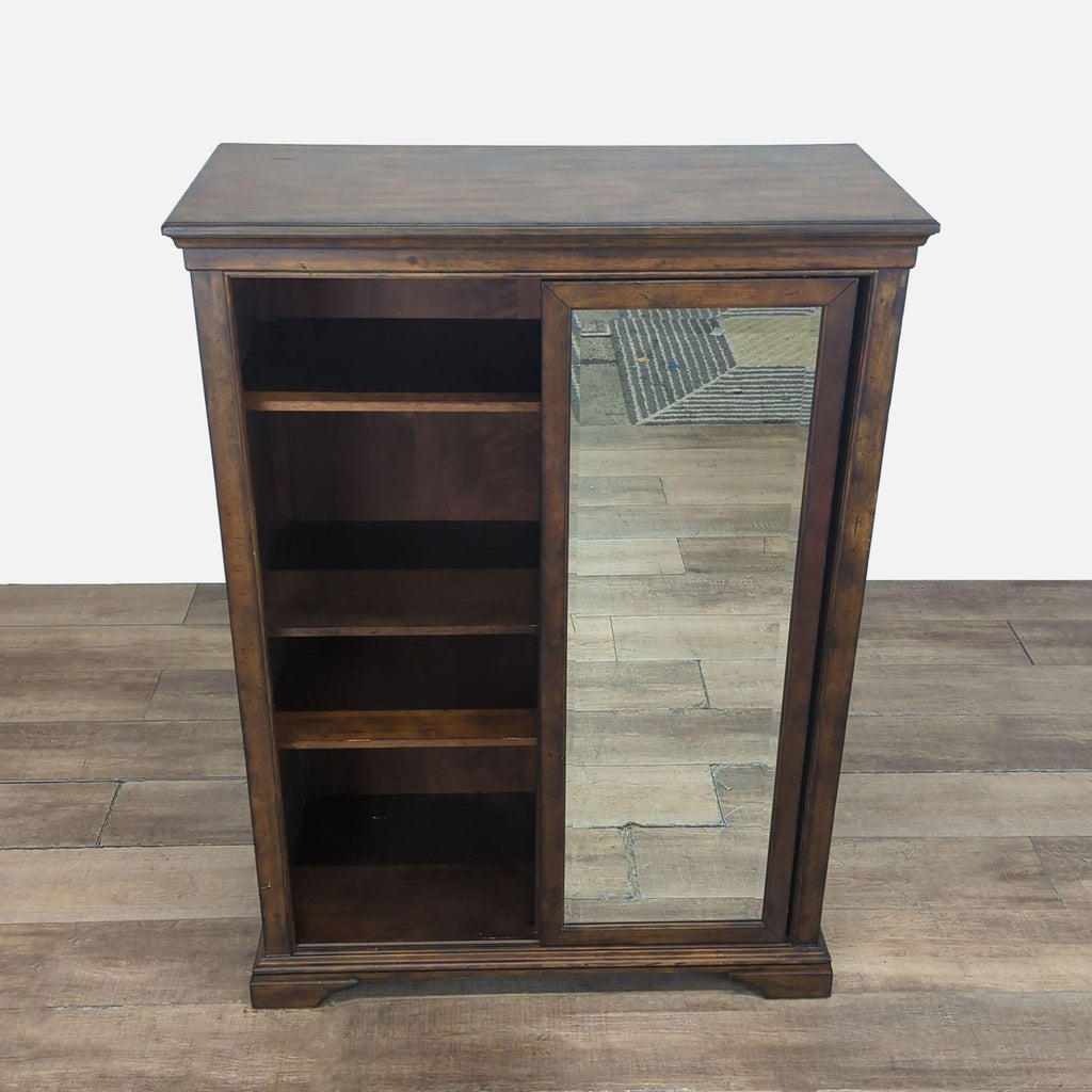 2. Dresser with sliding mirror reveals adjustable shelves on one side; Klaussner brand solid wood furniture.  