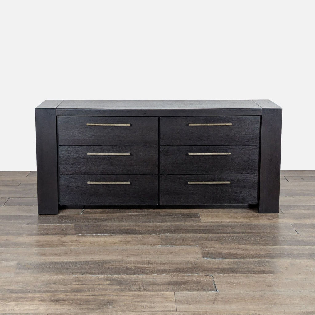 1. Metropolitan Home dresser with six wide drawers, modern dark wood finish and sleek metal handles, front view.