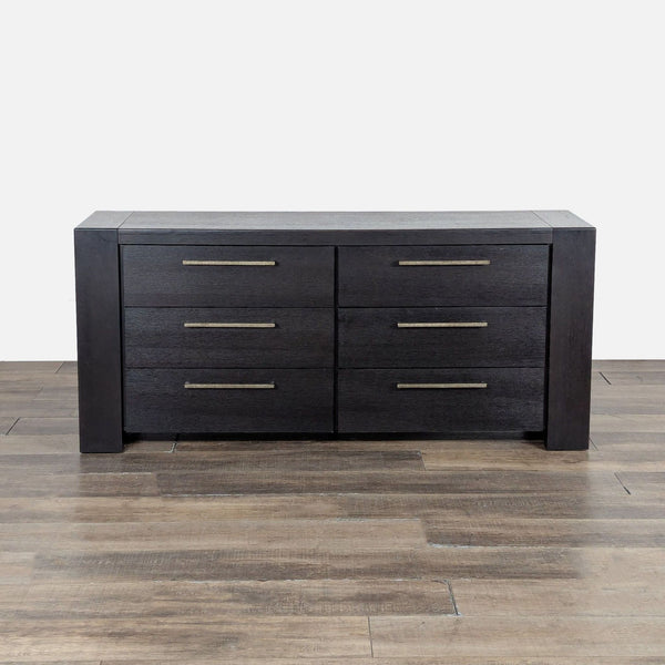 1. Metropolitan Home dresser with six wide drawers, modern dark wood finish and sleek metal handles, front view.