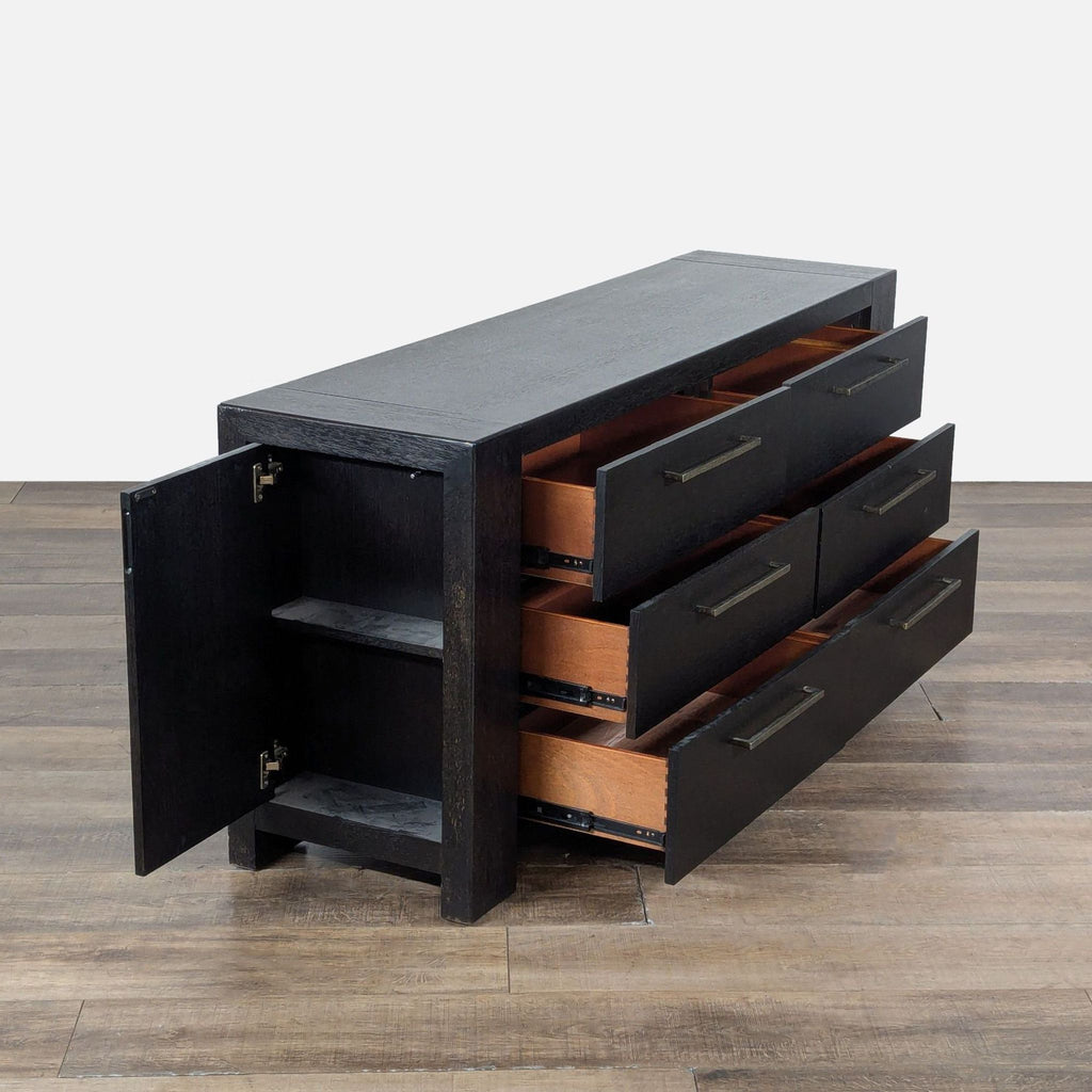 2. Open Metropolitan Home dresser showing six drawers and a side cabinet with shelving for versatile storage.