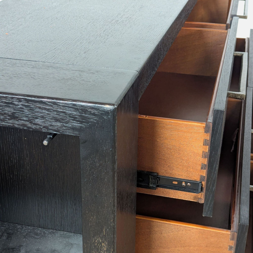 3. Close-up of Metropolitan Home dresser highlighting wood grain, dovetail drawer joints, and side cabinet details.