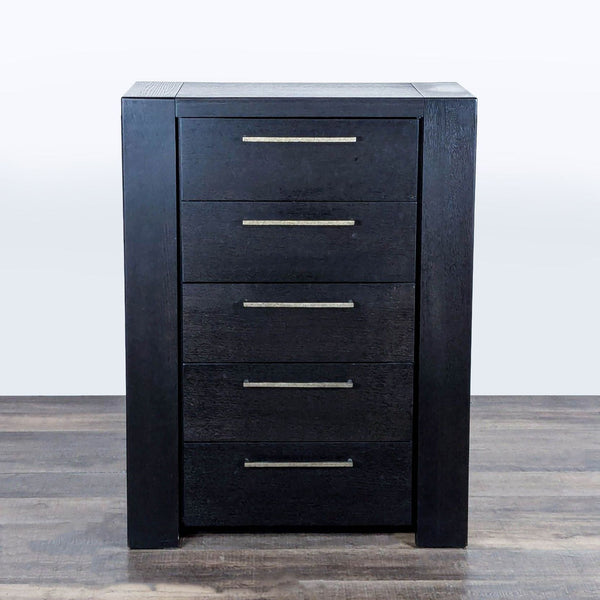 1. Metropolitan Home dresser with 5 drawers on metal glides and sleek metal bar pulls in a modern dark finish.
