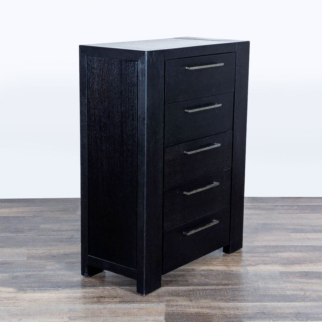 3. Angled view of Metropolitan Home dresser with 5 drawers, dark wood finish, and minimalist metal handles.