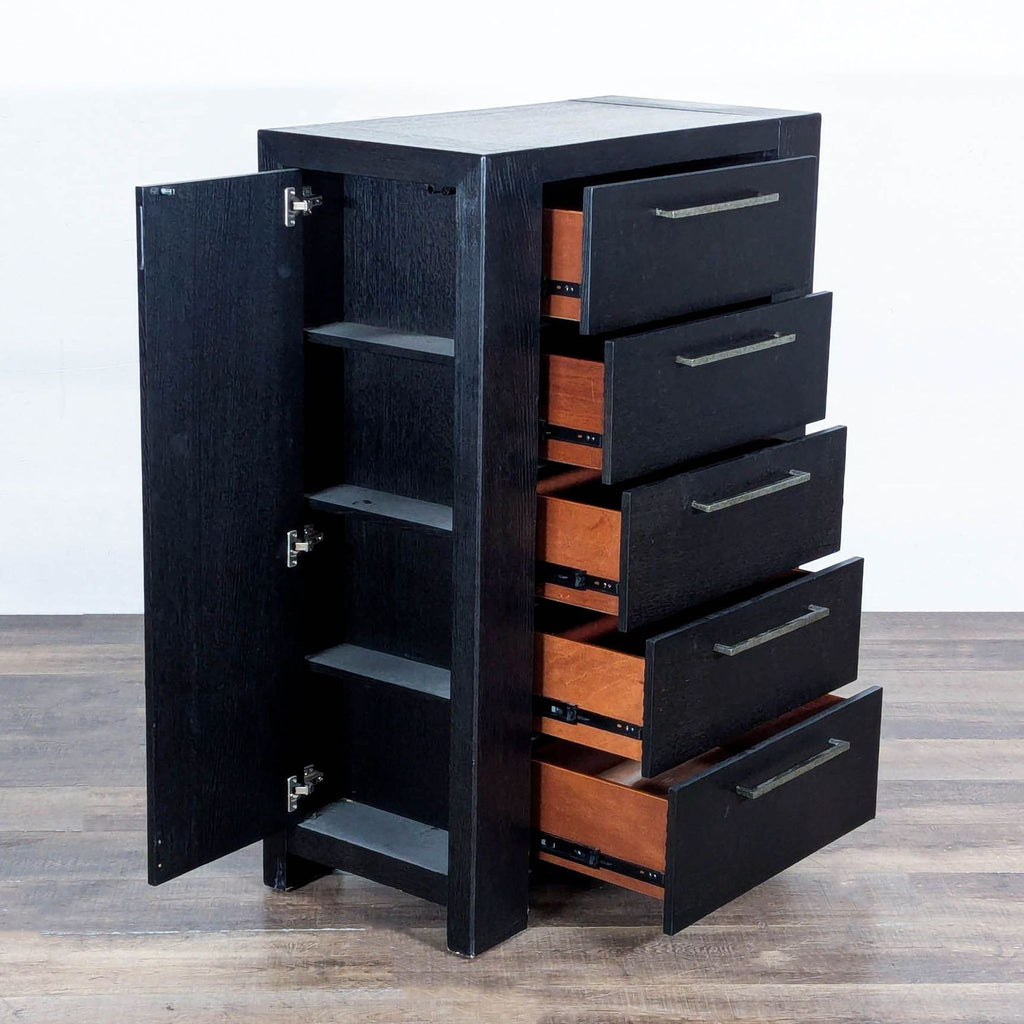 2. Modern dresser showing 5 open drawers, left cabinet with shelves, and sturdy metal pulls, Metropolitan Home.