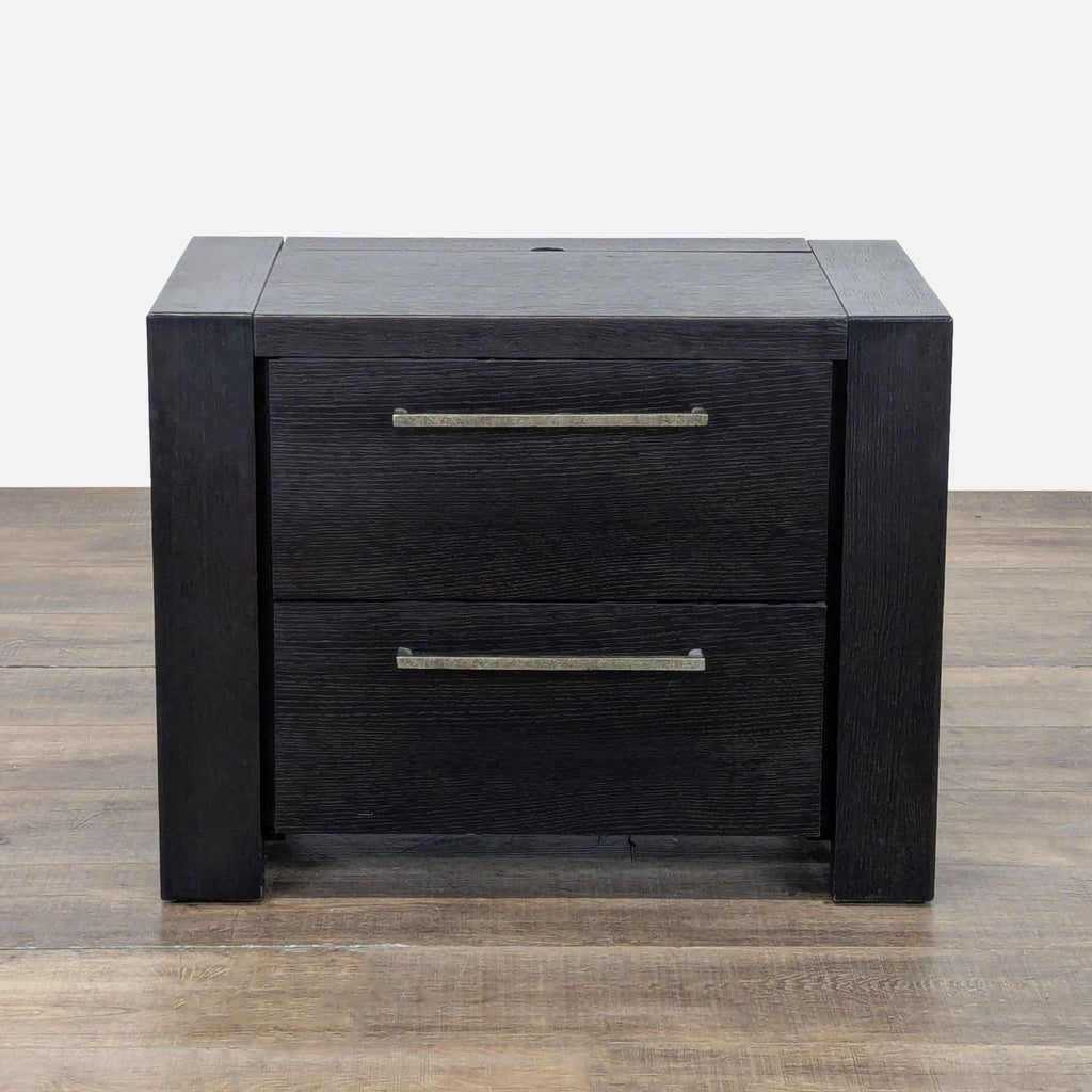 1. Metropolitan Home end table with two drawers, dark wood finish, and modern metal handles, front view.  