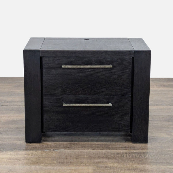 1. Metropolitan Home end table with two drawers, dark wood finish, and modern metal handles, front view.  