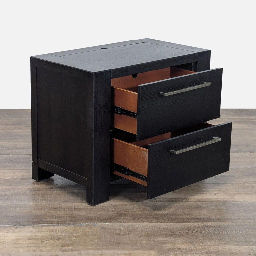 2. Side angle of Metropolitan Home end table showing both drawers open, revealing interior storage space.  