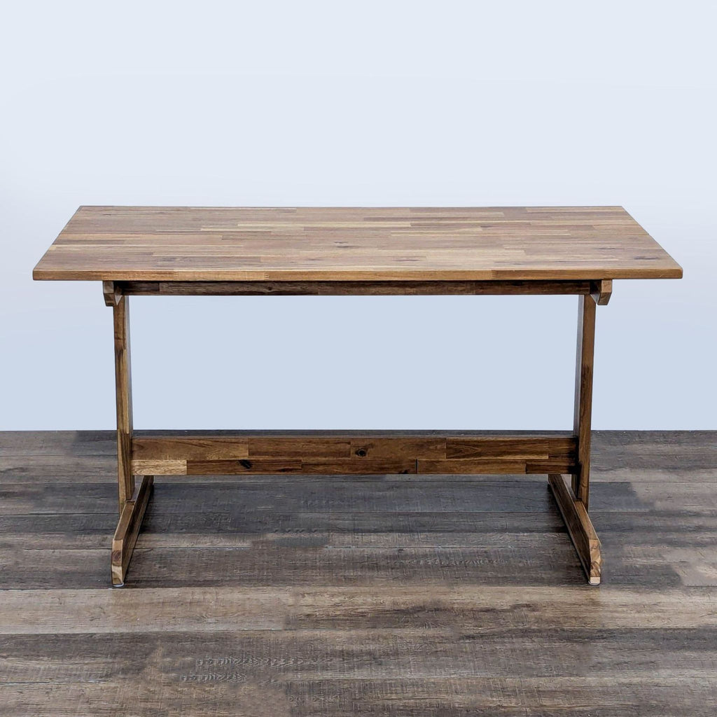 1. Solid acacia wood IKEA dining table with centered legs, allowing more chair space on short sides, Shaker-style design.