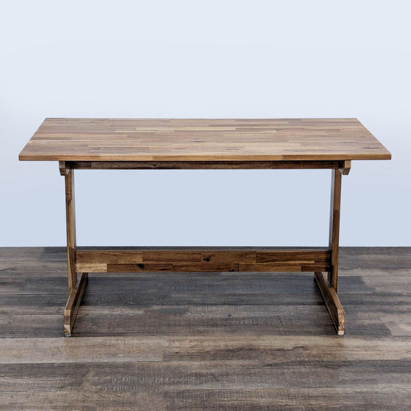 1. Solid acacia wood IKEA dining table with centered legs, allowing more chair space on short sides, Shaker-style design.