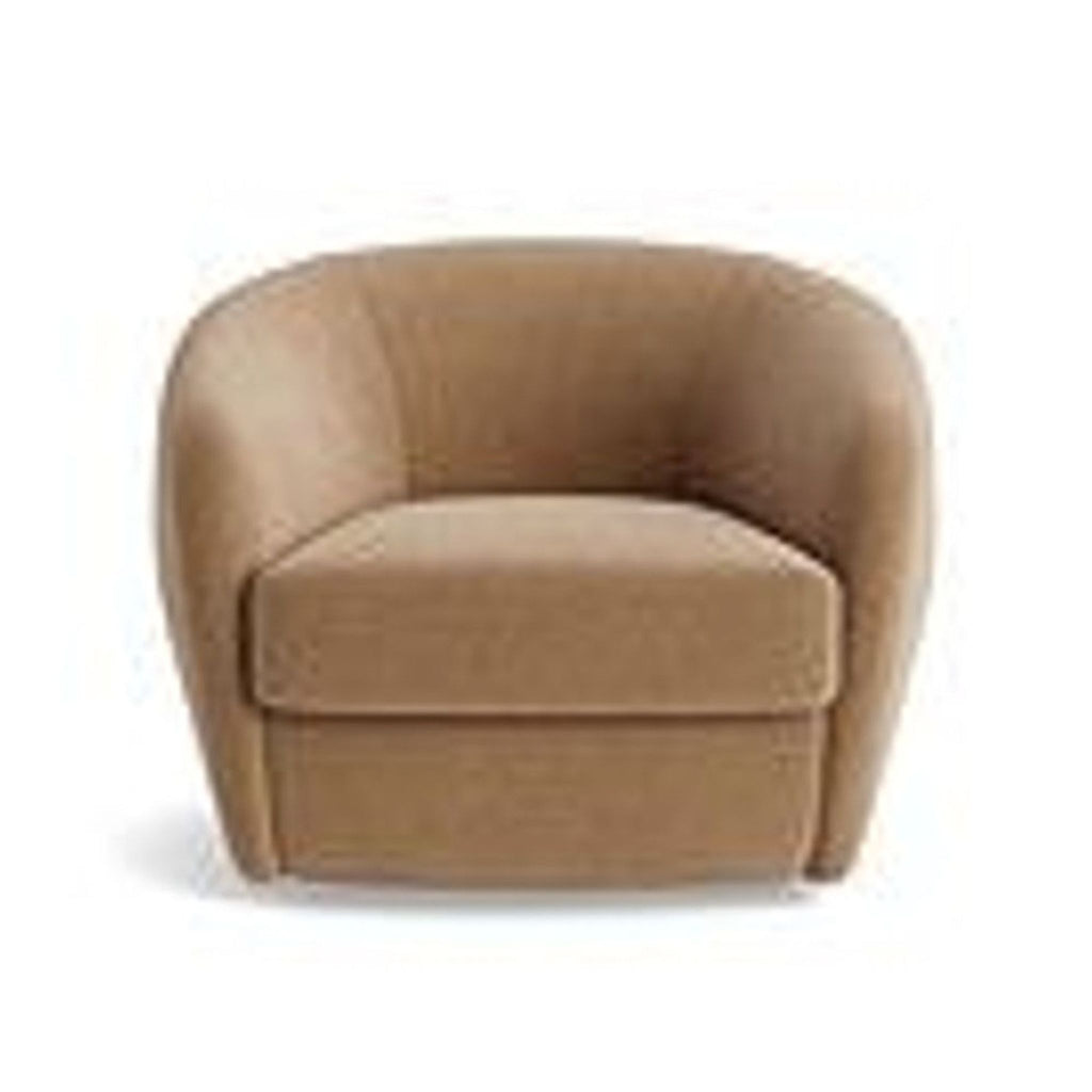 Barrel back lounge chair with thick seat cushion and velvet upholstery, front view, by BenchMade Modern.  