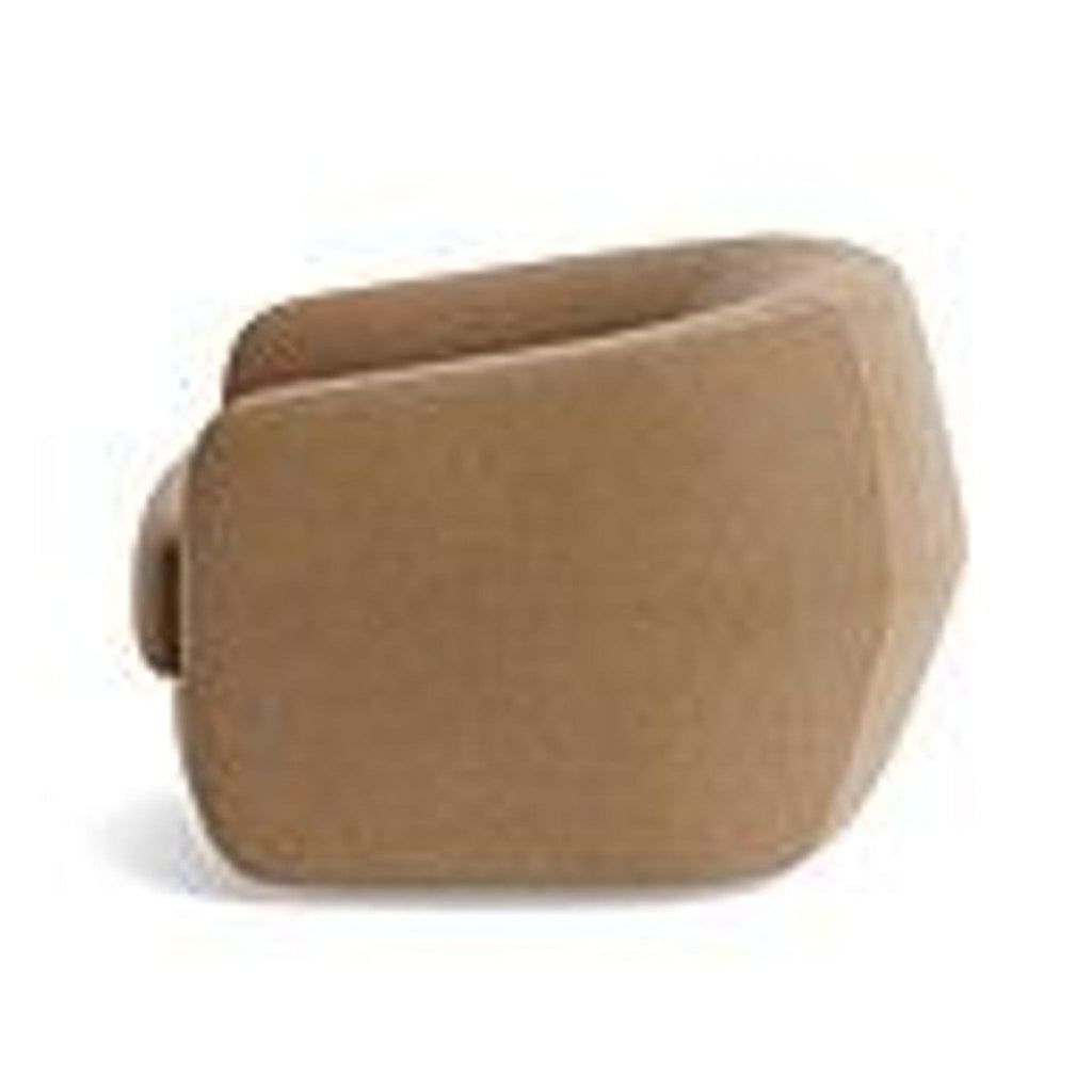 Side view of a velvet-upholstered lounge barrel chair with plush seat cushion from BenchMade Modern.  