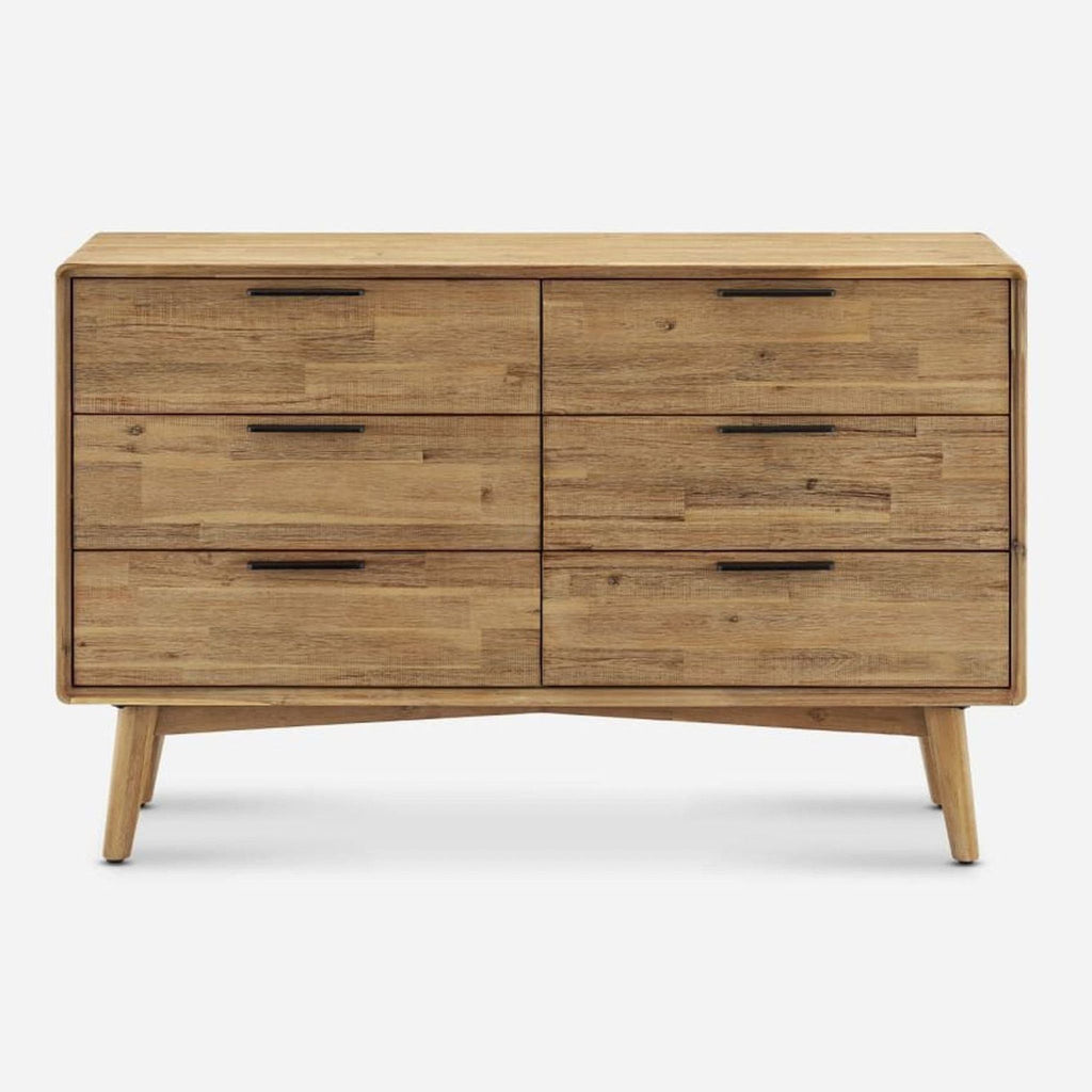 Castlery dresser made of acacia wood, featuring six drawers with sleek metal bar pulls, front view.