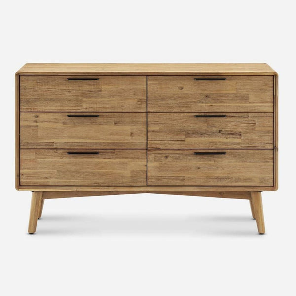 Castlery dresser made of acacia wood, featuring six drawers with sleek metal bar pulls, front view.