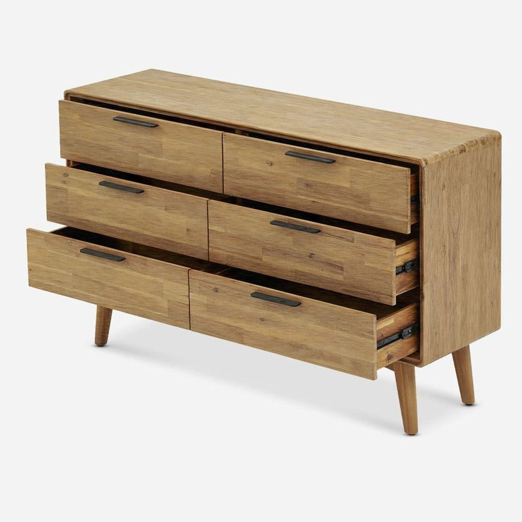 Acacia wood Castlery dresser in the dressers category, shown at an angle with six drawers open on metal glides.