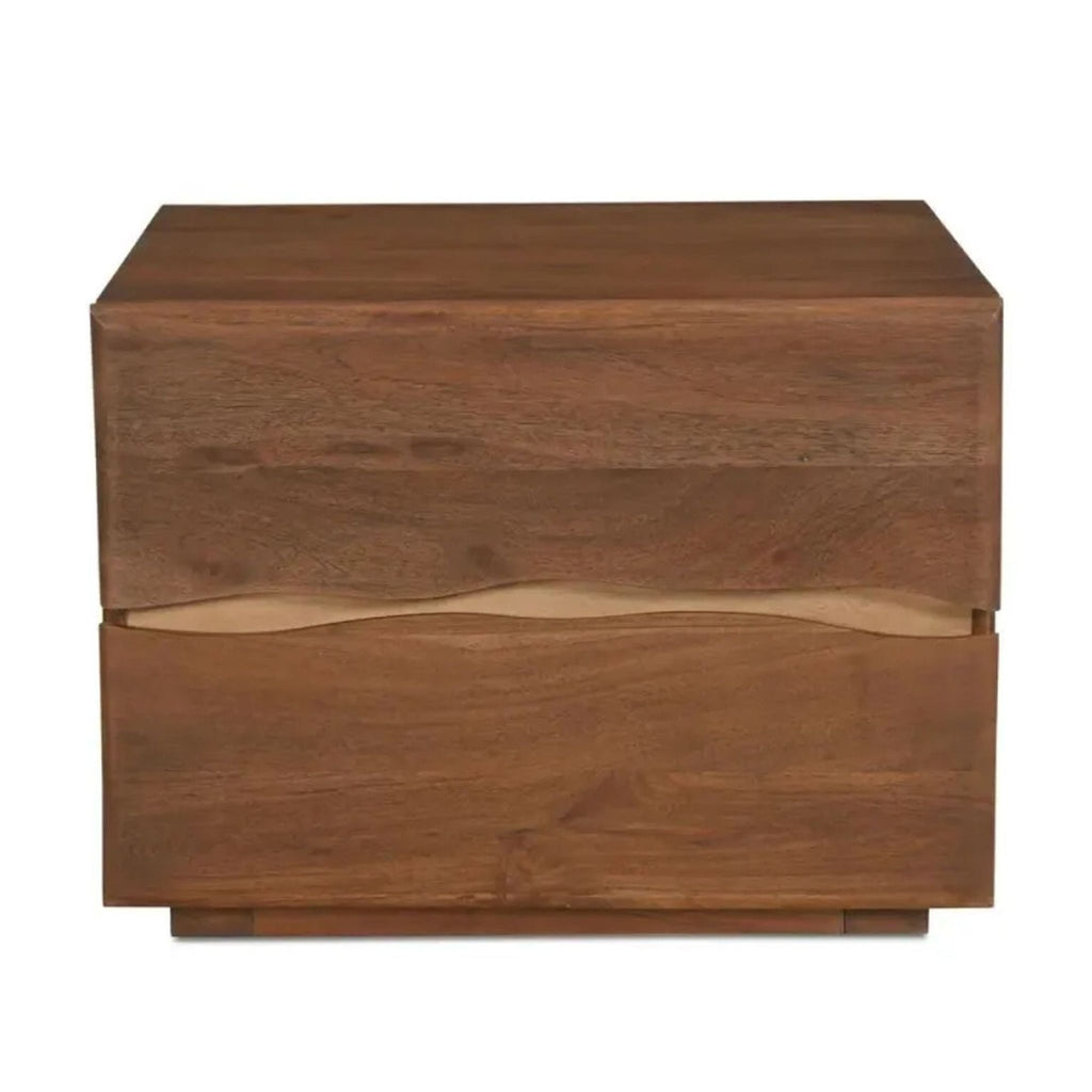 1. Havenly end table with a walnut finish, two live-edge drawers, and smooth rounded edges for a unique look.
