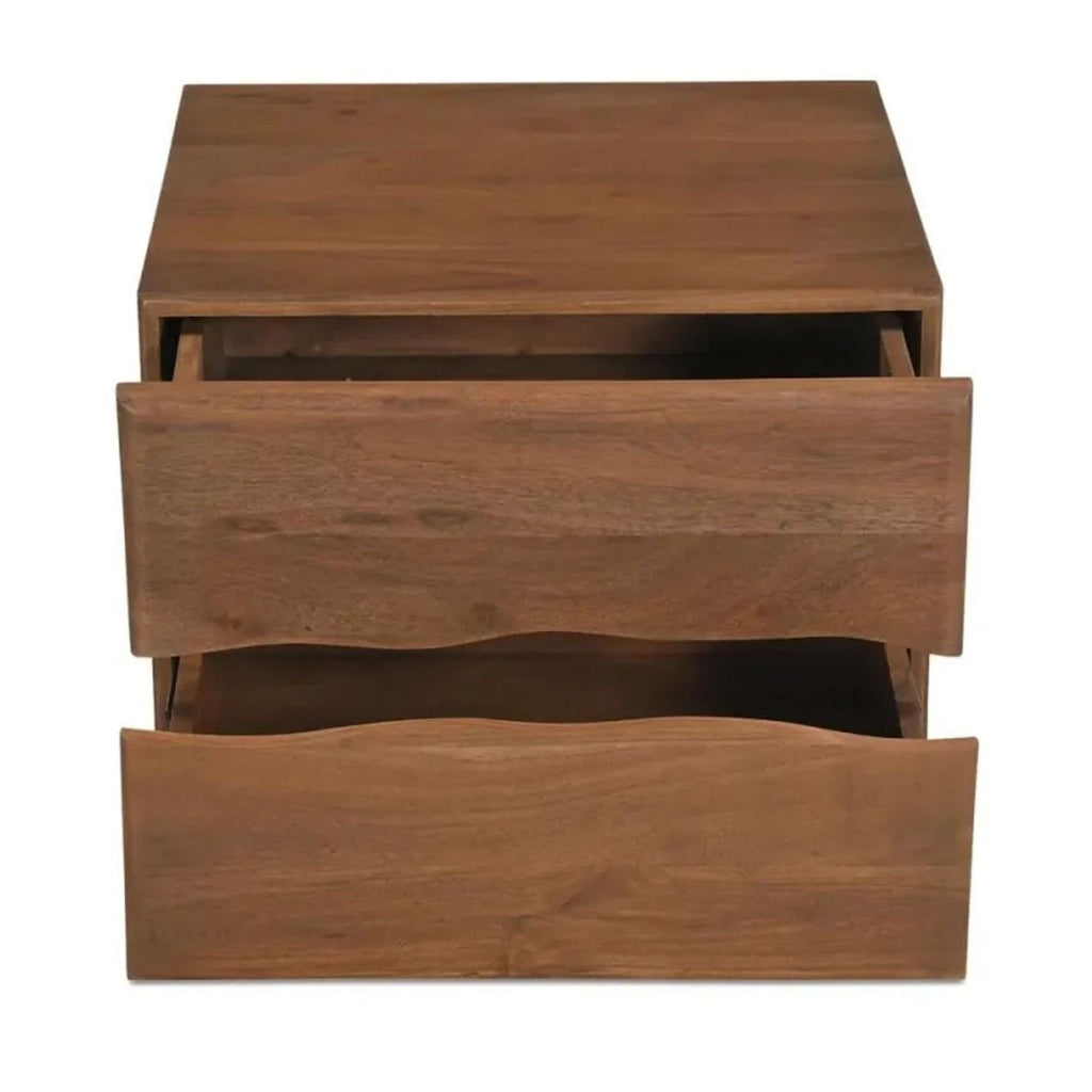 2. Solid Acacia nightstand with natural wood grain, two open drawers, and distinctive live-edge detailing.