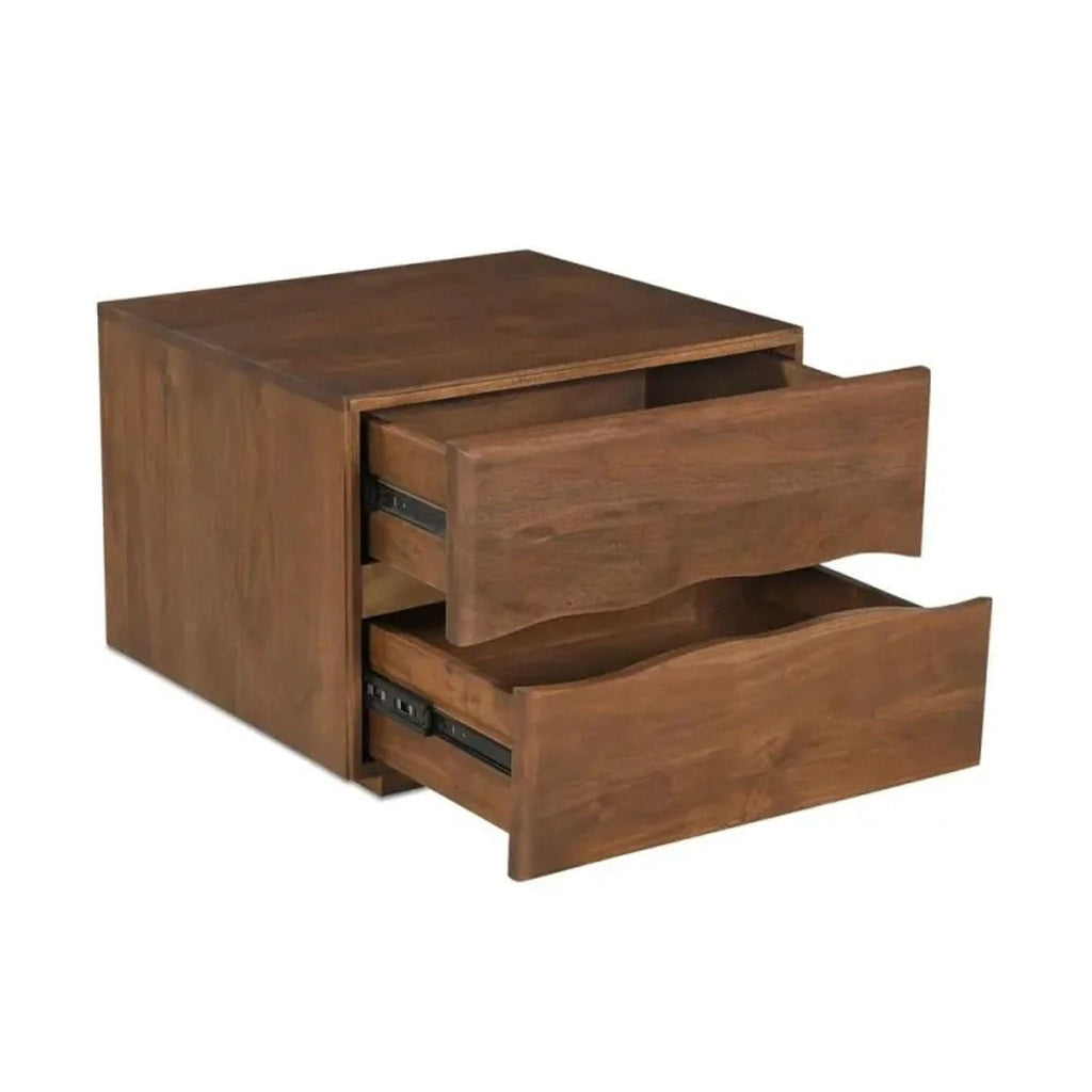 3. Modern wooden end table showing side-mount metal glides and safety stop on dual wave-front drawers.