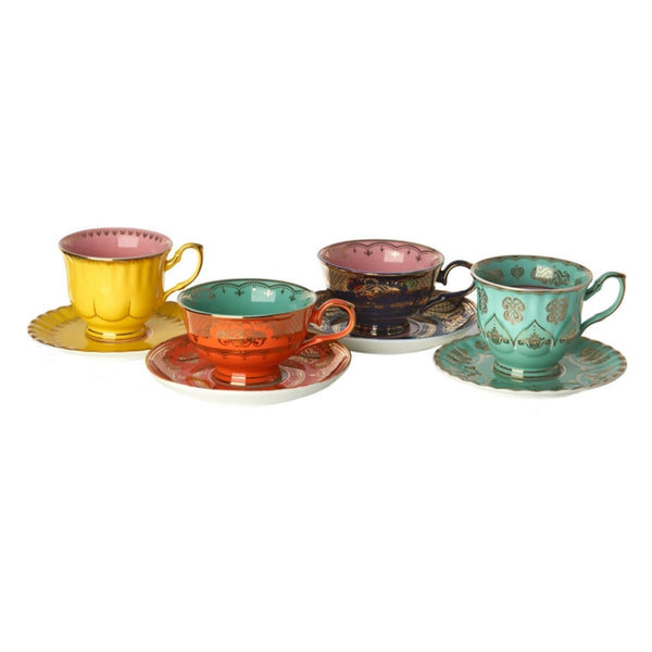 1. Set of four Polspotten bone china teacups and saucers in assorted multicolor glazed finishes.  