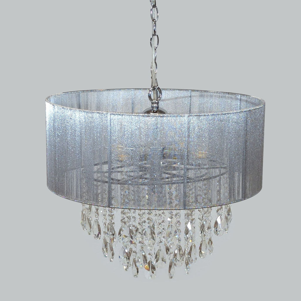 1. Reperch chrome chandelier with four lights, sheer metallic drum shade, and cascading hanging prisms.  
