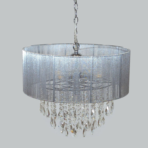 1. Reperch chrome chandelier with four lights, sheer metallic drum shade, and cascading hanging prisms.  