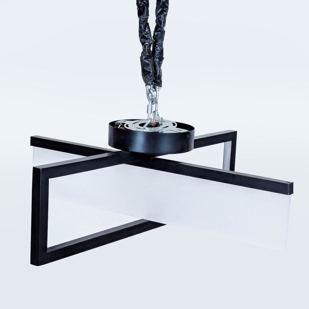 2. Reperch lighting fixture with a geometric black metal frame, two frosted panels, and round ceiling mount.  
