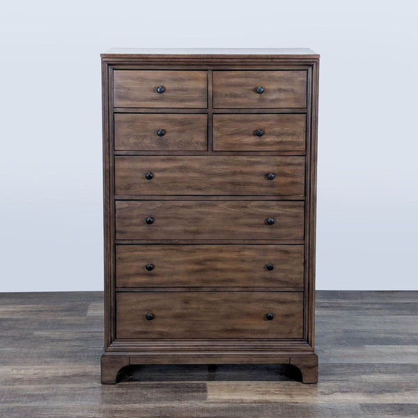 1. Brown Crescent Fine Furniture dresser with simple pewter knobs and rounded corners, shown from the front.