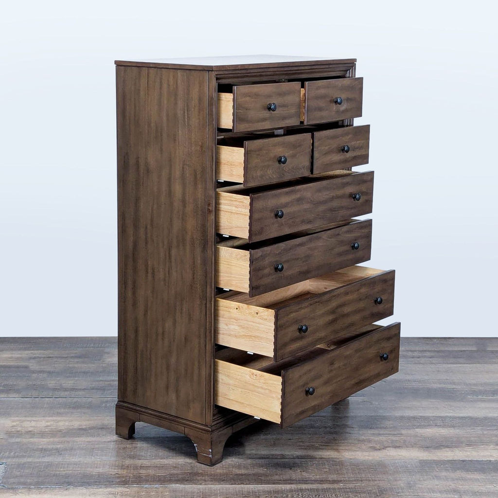2. Side view of the Crescent Fine Furniture dresser with several cedar-lined drawers open, displaying interior.