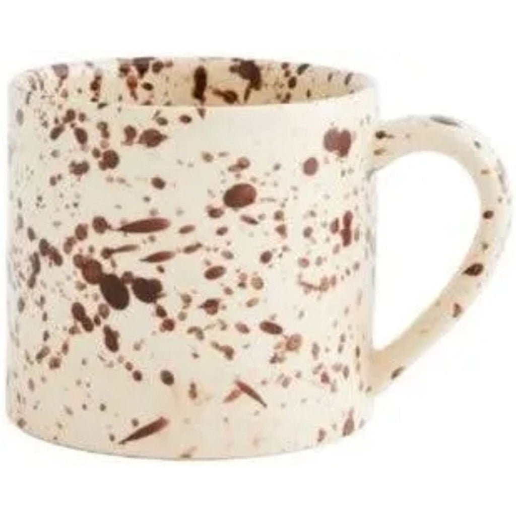 Cream ceramic mug with brown splatter design, dishwasher, oven, and microwave safe, from 2Modern dishware.