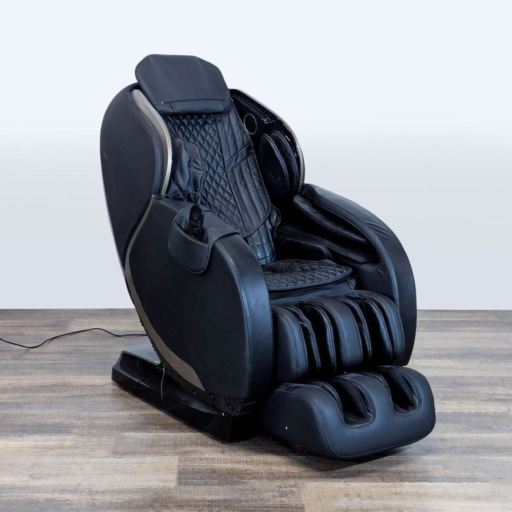 3. Angled shot of a Massage Medik full body massage chair showing its contoured design and foot massage rollers.