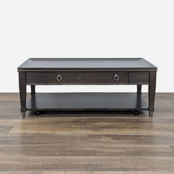 1. La-Z-Boy mahogany coffee table with planked top, storage drawer, lower shelf, and casters for easy movement.