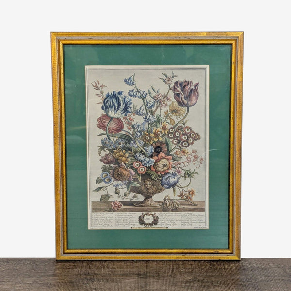 1. Vintage Robert Furber April flower vase print, matted under glass, in a gold wood frame by Reperch.