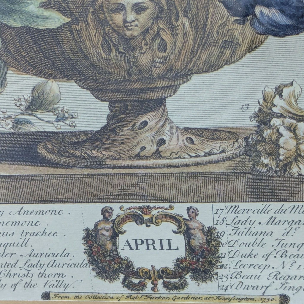 2. Close-up of "April" label and ornate vase details from a vintage flower drawing by Robert Furber.