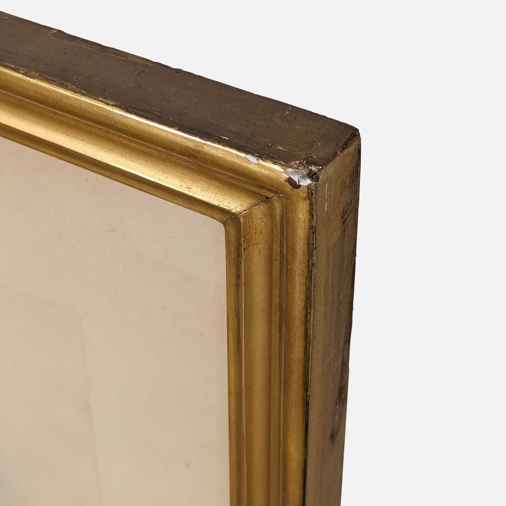 Corner view of the gold Reperch picture frame with minor surface wear, holding bird artwork.