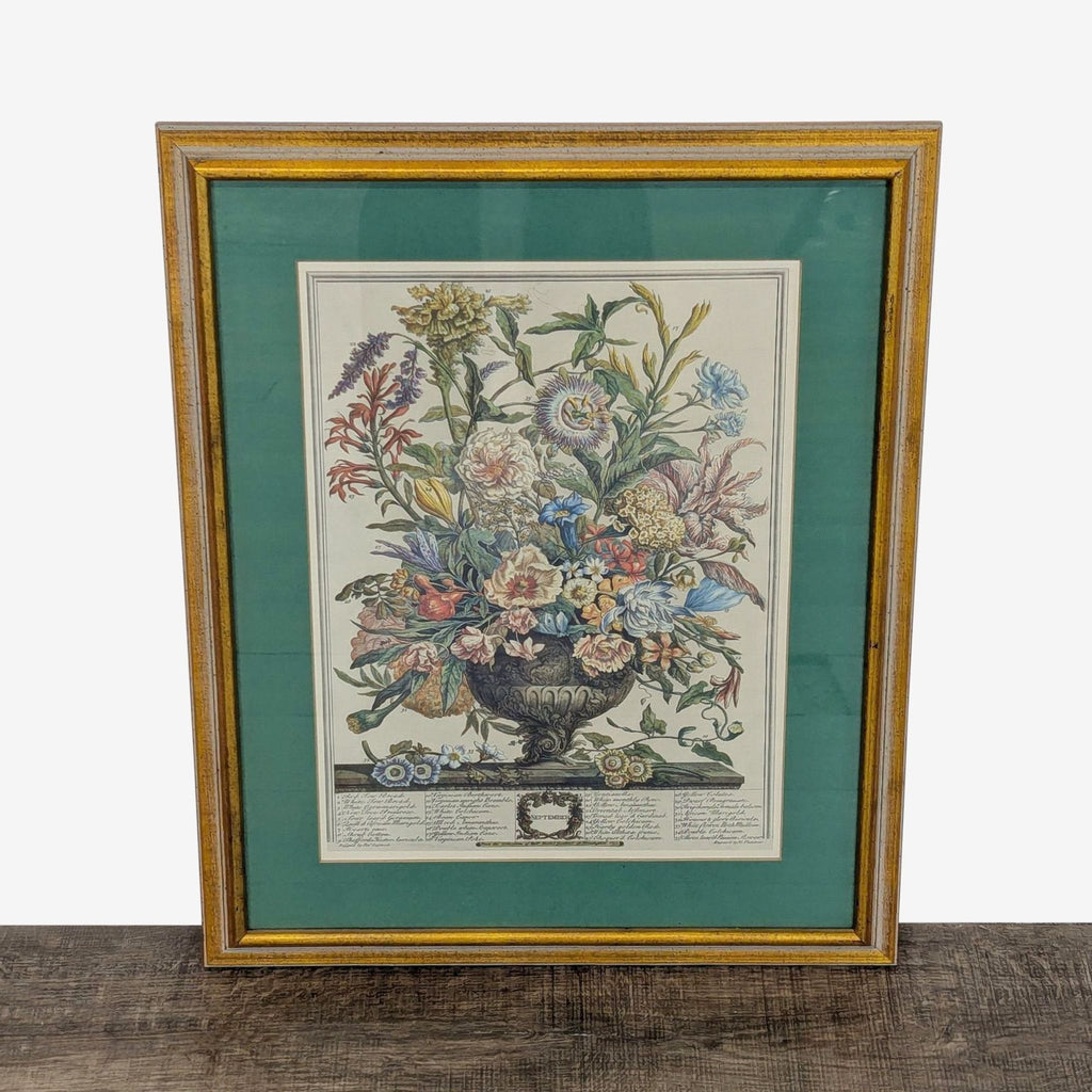 Framed vintage floral print by Robert Furber, matted under glass in a gold wood Reperch frame.  