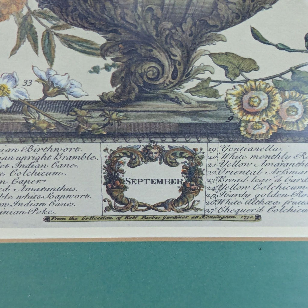 Close-up of the floral print’s detailed lower section, showing “September” and handwritten flower names.  