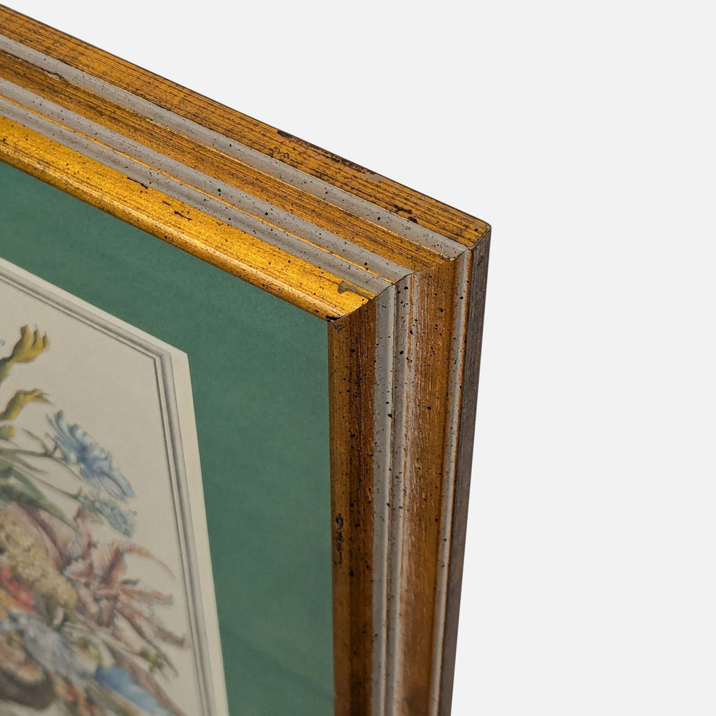 Detail of the matted gold wood frame corner, highlighting the vintage finish and sturdy construction.