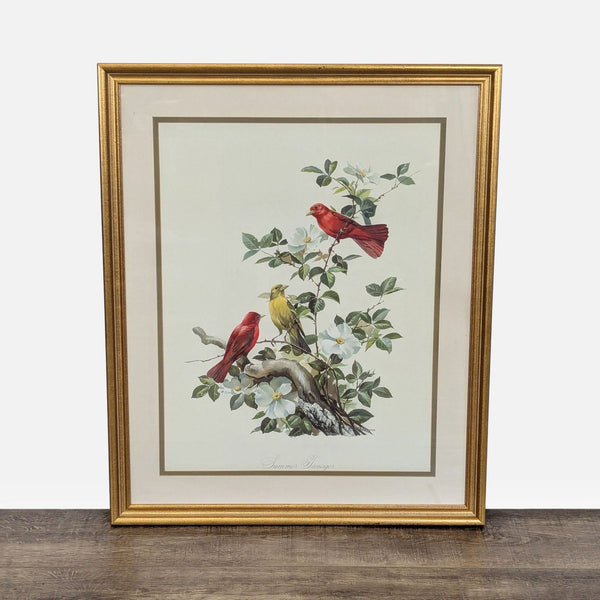 1. Framed art print of three summer tanager birds on a flowering branch, titled "Summer Tanager" by Roger Tory Peterson.  