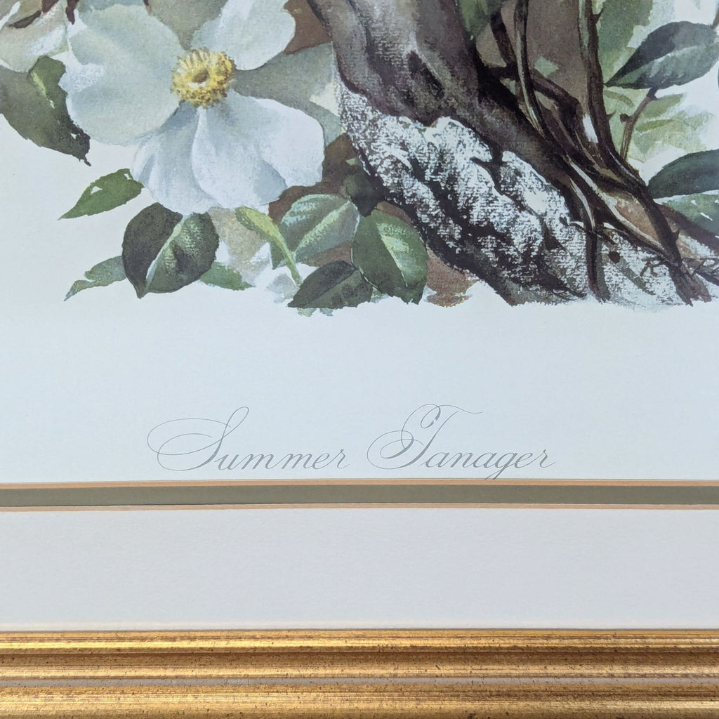 2. Close-up of "Summer Tanager" print's title text in cursive, displayed below flowers and tree branch.  