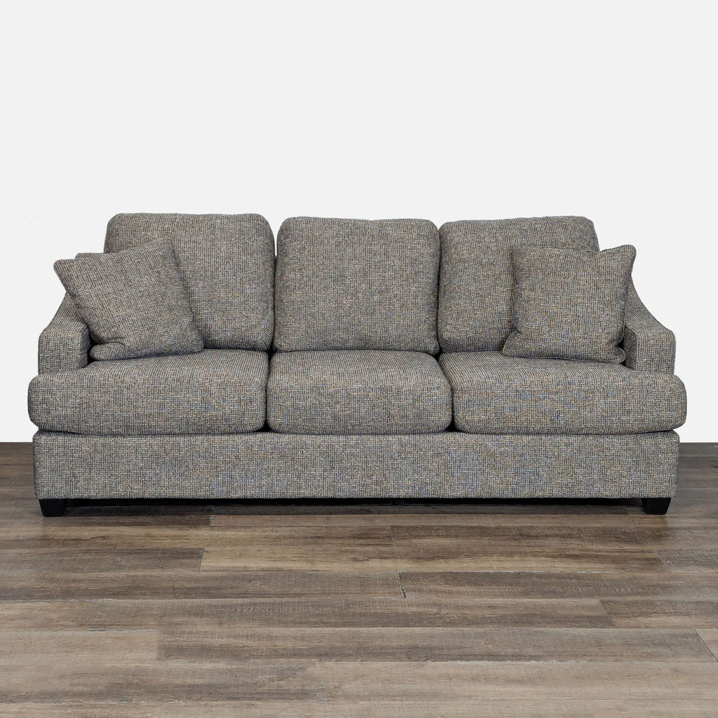 1. Front view of La-Z-Boy 3-seat sofa with plush cushions, sloped arms, and wood block feet.