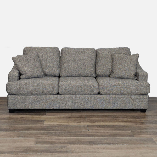 1. Front view of La-Z-Boy 3-seat sofa with plush cushions, sloped arms, and wood block feet.