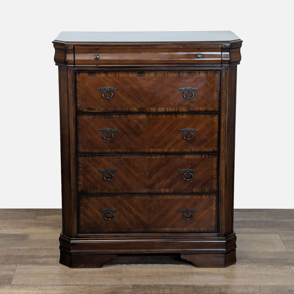 1. Ashley dresser with cherry veneer, prima vera inlay, bronze hardware, and wrap-around moulding, closed drawers.  
