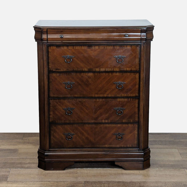 1. Ashley dresser with cherry veneer, prima vera inlay, bronze hardware, and wrap-around moulding, closed drawers.  