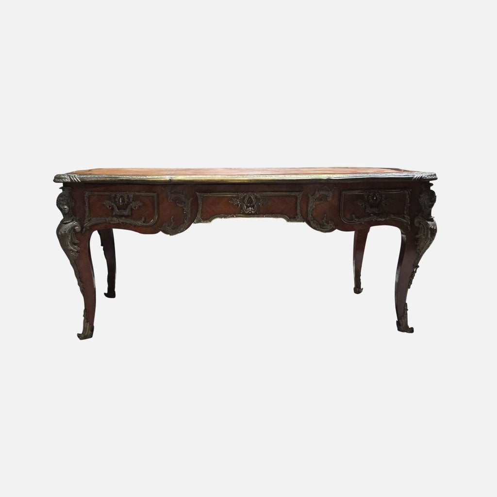 Antique French-Style Leather Top Ornate Wood Desk with Bronze Accents