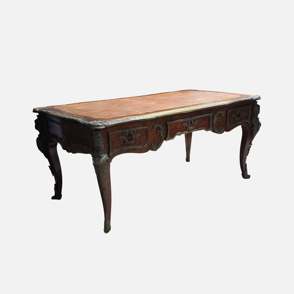 Antique French-Style Leather Top Ornate Wood Desk with Bronze Accents